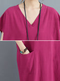 themeisles Simple Ramie Cotton Solid Color Split-Side With Pocket V-Neck Short Sleeves Maxi Dress
