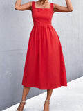 themeisles Split-Joint Solid Color Pleated Sleeveless High Waisted U-Neck Midi Dresses