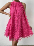 themeisles Split-Joint Solid Color Pleated Jacquard Sleeveless Loose Stand Collar Mini Dresses