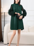 themeisles Solid Color Pleated Embroidered Loose Long Sleeves Round-neck Midi Dresses