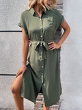 themeisles Solid Color Ribbed Short Sleeves Loose Lapel Midi Dresses