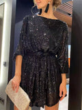 themeisles Women's Party Dress Sequin Dress Shift Dress Mini Dress Black Purple Champagne 3/4 Length Sleeve Pure Color Lace up Fall Spring Crew Neck Party Party Halloween  S M L XL