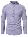 themeisles New Men's Henry Collar Stand-up Collar Long-sleeved Striped Shirt Fashion Loose Comfortable Casual Shirt