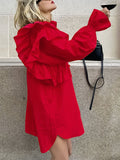 themeisles Solid Color Ruffled Layered Elasticity Buttoned Asymmetric Loose Long Sleeves Lapel Mini Dresses