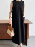 themeisles Solid Color Sleeveless Loose Round-Neck Midi Dresses