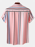 themeisles Summer Pink Striped Short Stand-up Collar Shirt Pop-up Men's Short-sleeved Casual Large Size Loose Type Thin Shirt Men's