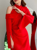 themeisles Flared Sleeves Asymmetric Buttoned Hollow Solid Color Zipper Cold Shoulder Evening Dresses Maxi Dresses