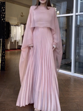 themeisles Long Sleeves Pleated Solid Color Round-Neck Evening Maxi Dresses