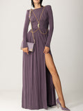 themeisles Long Sleeves Backless No Body Chain Pleated Solid Color Tied Waist Maxi Dresses