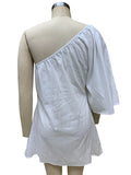 themeisles Solid Color Elasticity Asymmetric Three-Quarter Sleeves Loose One-Shoulder Mini Dresses
