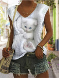 themeisles Women's T-shirt Cat Print Sleeveless Casual Everyday Basic V-neck Green Pink Purple White