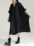 themeisles Solid Color Pleated Drawstring Adjustable Short Sleeves Raglan Sleeve V-Neck Shirt Dress Midi Dresses