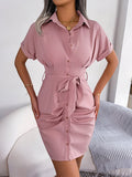 themeisles Solid Color Pleated Bandage Short Sleeves Lapel Mini Dresses