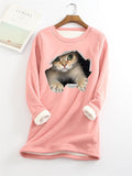 themeisles Women's Sweatshirt Pullover Sherpa Fleece Teddy Denim Blue Green Black Cat Street Round Neck Long Sleeve S M L XL 2XL 3XL