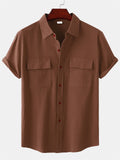 themeisles Summer New Men's Linen Short-sleeved Shirt Men's Square Collar Casual Cotton Linen Shirt Hemp Material Pure Color Half-sleeved Blouse