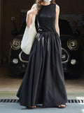 themeisles Split-Joint Solid Color Pleated Sleeveless Loose Round-Neck Maxi Dresses