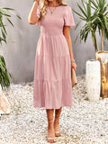 themeisles Solid Color Elastics Short Sleeves Loose Round-neck Midi Dresses