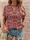 themeisles Spring and Summer New Women's Loose Type V-neck Tops Printed Twist Buckle Fashion Short-sleeved Female Sweet and Fresh