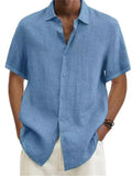 themeisles Men's Shirt Linen Shirt Casual Shirt Summer Shirt Beach Shirt Button Down Shirt Black White Blue Short Sleeve Plain Lapel Summer Casual Daily Clothing Apparel