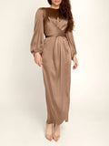 themeisles Zipper Tied Waist Solid Color High-Waisted Wrap Round-neck Maxi Dresses