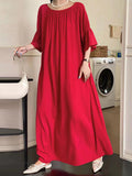 themeisles Solid Color Loose Half Sleeves Round-Neck Midi Dresses