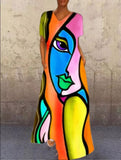themeisles Retro Portrait Cat V-neck Multicolor Four-sided Elastic Dress