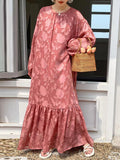 themeisles Tied Waist Split-Joint Solid Color Pleated Flower Print Puff Sleeves Loose Round-Neck Maxi Dresses