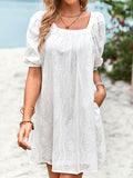 themeisles Solid Color Jacquard Puff Sleeves Loose Square-neck Mini Dresses