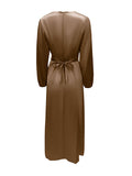 themeisles Zipper Tied Waist Solid Color High-Waisted Wrap Round-neck Maxi Dresses