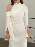 themeisles Flared Sleeves Asymmetric Buttoned Hollow Solid Color Zipper Cold Shoulder Evening Dresses Maxi Dresses