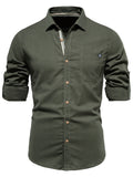 themeisles Summer New Solid Color Lapel Men's Cotton Shirt Fashion Casual Men's Embroidered Solid Color Long-sleeved Cardigan Shirt Men