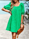 themeisles Solid Color Jacquard Puff Sleeves Loose Square-neck Mini Dresses