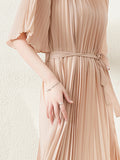 themeisles Loose Pleated With Waistband Solid Color Round-Neck Maxi Dresses