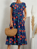 themeisles Summer Fashion Flora Ladies Round Neck Loose Cotton Linen Sleeveless Round Neck Print Dress A Dress