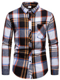 themeisles Men's Business Brushed Lapel Long-sleeved Shirt Loose Color Collision Plaid Fashion Long-sleeved Pocket Shirt Men