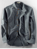 themeisles Men's Four Seasons Casual Linen Slim Long-sleeved Shirt Stand-up Collar Cotton Linen Solid Color Shirt Cardigan