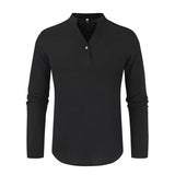 themeisles Summer New Men's Youth V-neck Button Collar Thin Section Solid Color Casual Loose Fashion Casual Linen Long-sleeved Trend Shirt