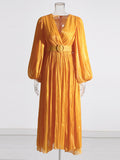 themeisles Solid Color Pleated Belted Puff Sleeves Loose V-Neck Maxi Dresses