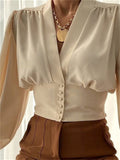 themeisles Spring New Solid Color Slim Temperament Long-sleeved Button V Collar Urban Trend Set Head Lantern Sleeve Blouse Shirt