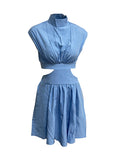 themeisles Solid Color Pleated Belly-Hollow Skinny Stand Collar Mini Dresses