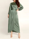 themeisles Zipper Tied Waist Solid Color High-Waisted Wrap Round-neck Maxi Dresses
