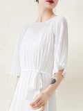 themeisles Loose Pleated With Waistband Solid Color Round-Neck Maxi Dresses