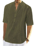 themeisles Men's Comfortable Casual Linen Shirt Medium Sleeve Men's Solid Color Tops S M L XL 2XL