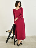 themeisles Simple Long Sleeves Loose Solid Color Round-Neck Midi Dresses