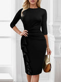 themeisles Plus Size Ruffle Trim Round Neck Long Sleeve Dress