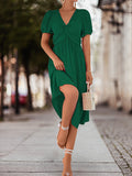 themeisles Split-Joint Solid Color Pleated Knot Elasticity Short Sleeves Puff Sleeves V-neck Midi Dresses