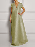 themeisles Loose Short Sleeves Shiny Solid Color V-Neck Maxi Dresses