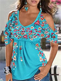 themeisles Summer Loose V-neck Pleated Print Strapless Women's Short-sleeved T-shirt