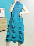 themeisles Casual Sleeveless Irregularity Pleated Solid Color Stand Collar Midi Dresses