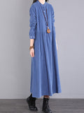 themeisles Vintage Corduroy Long Sleeves A-Line Embroidered Solid Round-Neck Midi Dresses
